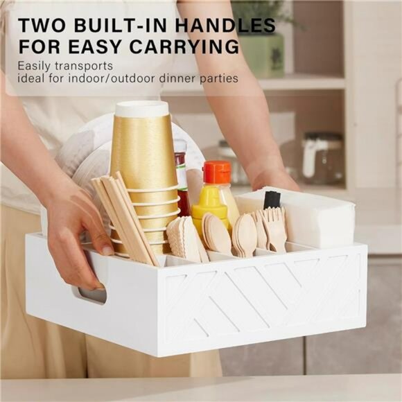 Wood Utensil Holder Paper Plate Cup Napkin Caddy Flatware Organizer for Party - Picture 5 of 8